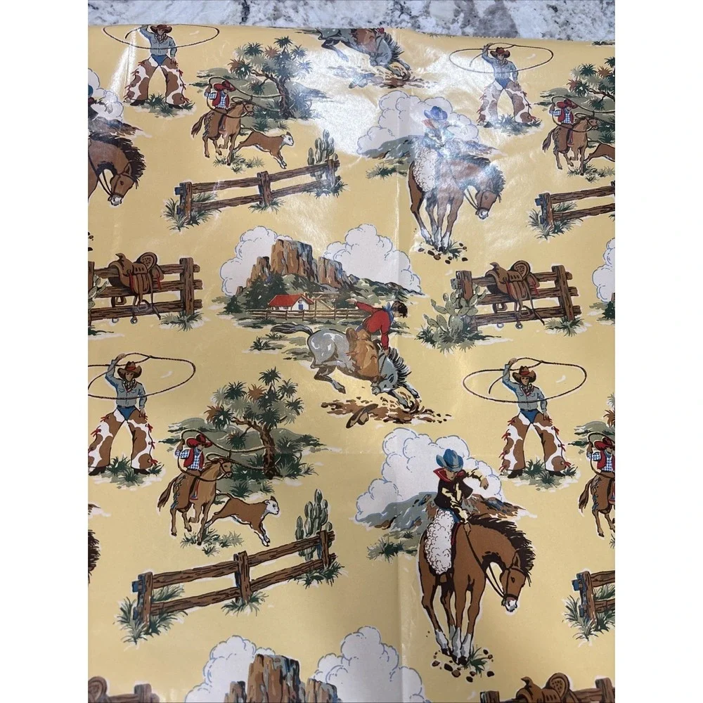 VTG Sheet of Cowboy Wrapping Paper 25 1/2x30 Horses Cow Saddle‎ Wild West Lasso